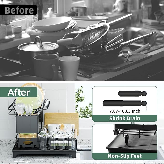 2-Tier Dish Rack with Drainboard: Large Capacity Anti-Rust Kitchen Counter Organizer with Cup, Utensil & Cutting Board Holders, Heavy Duty Dish Drying Rack, Black