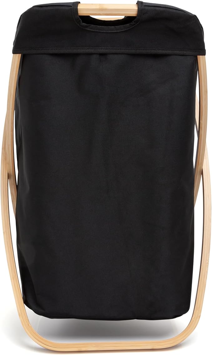 QUALIAZERO 72L Bamboo X-Frame Laundry Hamper โ Foldable Single Section Clothes Basket with Removable Bag & Bottom Handle, Ideal for Bathroom, Bedroom, or Dorm (ONYX BLACK, X-FRAME)