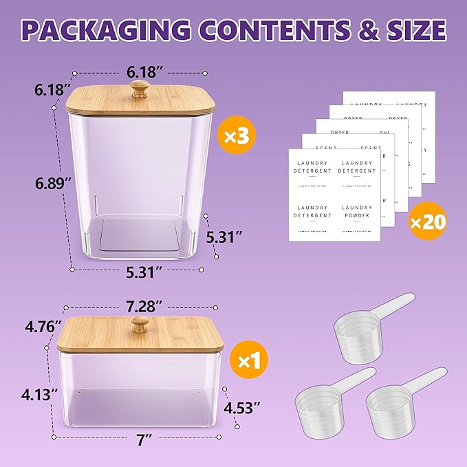 4 Pack Bamboo Laundry Pods Container, Clear Laundry Room Organization Containers,Large Laundry Detergent Powder Storage Containers Lids & Labels, Acrylic Laundry Pods Holder for Scent Booster