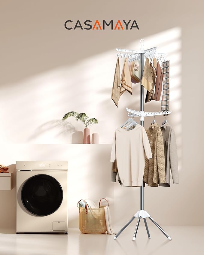 CASAMAYA Clothes Drying Rack Foldable, 72 inch 2 Tier Laundry Drying Rack with Rotating Clothes Rail for 27 Pieces of Clothes, Adjustable, 24 Clips, Space Saving, White and Silver CDR012W01