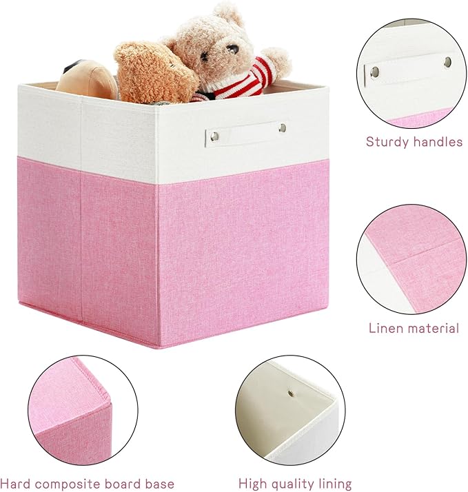 FinishingBo 13 x 13 Inch Fine Linen Storage Bins with Handles,Fabric Cube Boxs,Basket Organizers for Shelves for Home, Closet Drawers (White/Pink-6 Pack)