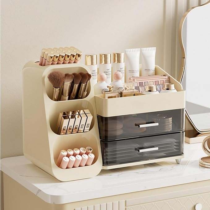 Booklov Makeup Organizer for Vanity, Large Capacity Cosmetic Display Case with Clear Acrylic Drawer, Countertop Beauty Storage Holder for Skincare, Brush Eyeshadow Lipstick Counter Desk, Crystal Cream
