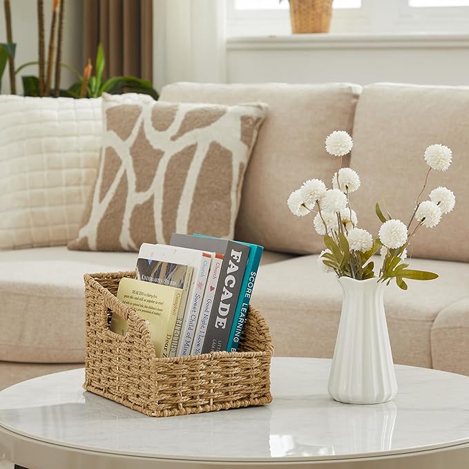 Pantry Organizers, Handwoven Large Wicker Baskets for Shelves & Kitchen, Labeled Storage Baskets for Organizing with Handles - Paper Storage Bins for Shelves, 3 Pack, Natural