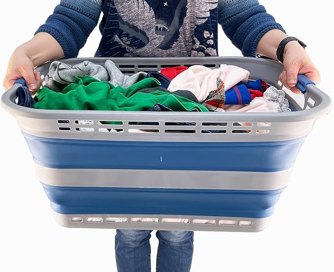 SAMMART 42L (11 gallons) Collapsible Plastic Laundry Basket - Portable Pop Up Storage Container/Organizer - Portable Hamper - Space Saving Easy Storage (Grey/Mist Blue)
