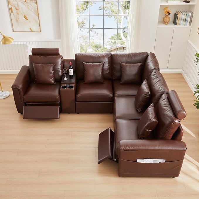 LEVNARY Modular Armless Chair Set of 2, Faux Leather Upholstered Single Seat for Sectional Sofa Expansion (Brown)