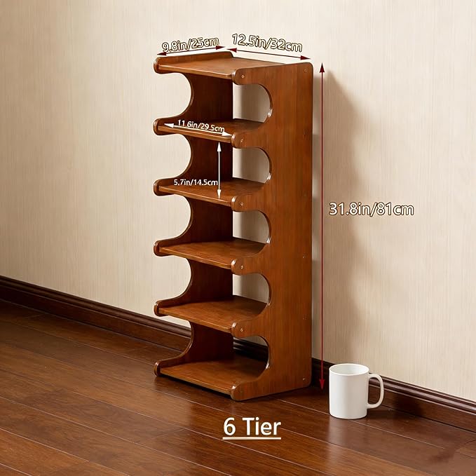 Tall Narrow Solid Wood Shoe Rack, 6 Tier Vertical Wooden Shoe Storage Tower, Freestanding Corner Multi-Layer Organizer for Entryway(12.6" L x 9.84" W x 32.1" H)