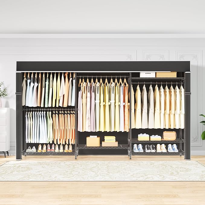 Ulif E13C Max Heavy Duty Closet Organizer System,Freestanding Clothing Racks for Hanging Clothes,Adjustable Garment Rack 86" W x16 D x77 H Hold 1100 lbs,Black Rack with Black Dustproof Cover