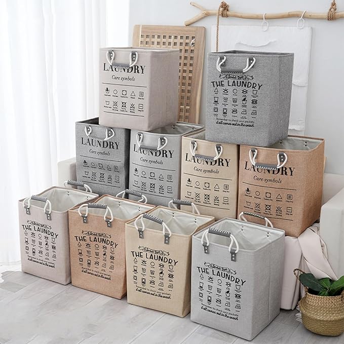 Small Laundry Basket, 50L Foldable Laundry Hamper Organizer with Handles, Fashion Portable Laundry Basket in Bedroom, Laundry Room, Closet, Bathroom, College Dorm (Brown)