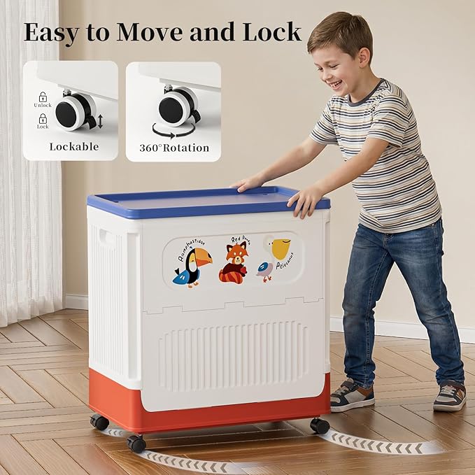 HAIXIN HOME 60L Kids Laundry Hamper with Lid, Cute Rolling Laundry Basket with Wheels & Handle, Slim Dirty Clothes Organizer for Kids Bedroom, Nursery, Bathroom, Closet, Tricolor