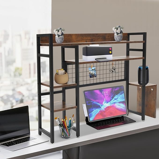 Desktop Bookshelf, 37.4" Desktop Organizer Shelf Black Desk Hutch for Computer Desk 2 Tier Desk Shelf Multifunctional Freestanding Storage Rack Display Shelf for Home Office