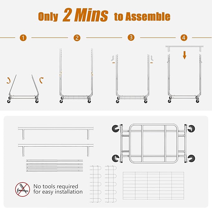 Gewudraw Heavy Duty Clothes Rack Load 900 Lbs, Double Rod Rolling Clothing Rack With Sturdy Wheel And Shelves,Adjustable Portable Hanging Rack For Clothes,Silver Stainless Steel