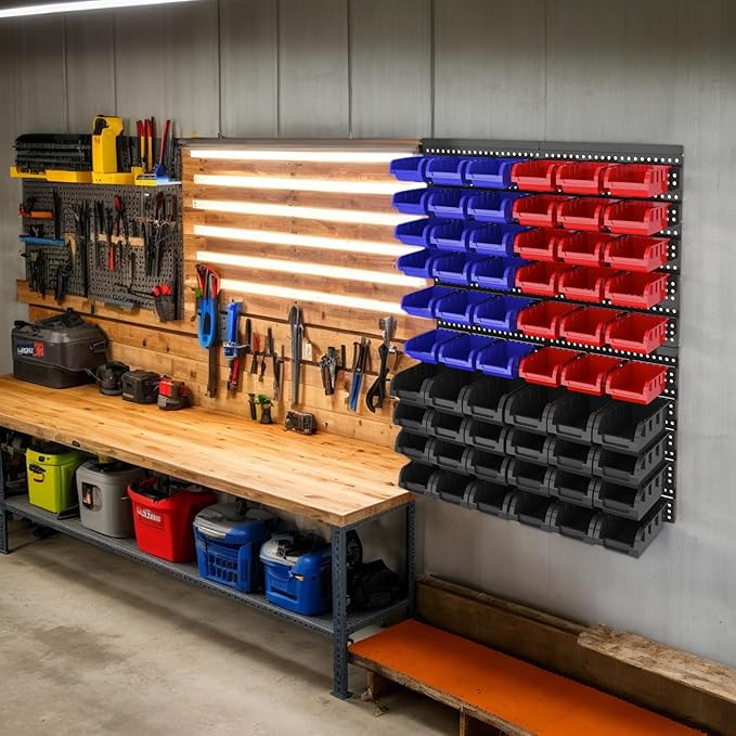 Wall Mounted Storage Bins, Nut and Bolt Organizer, Plastic Bolt Bin, Screw Organizer, Storage Bins for Garage (RED+BLUE+BLACK, LARGE(60PCS))