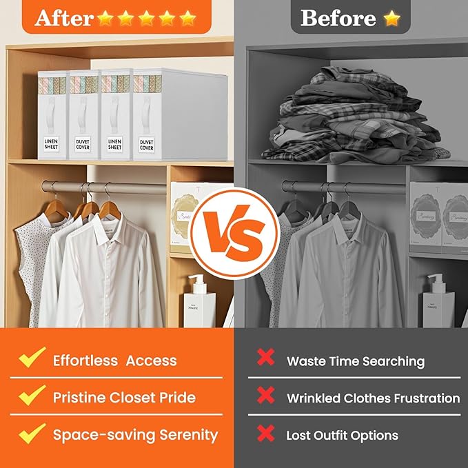 WOWBOX Sheet Organizers and Storage,Closet Bed Sheet Organizer Under Bed Storage and Organization with Label Cards & Clear Window for Bedding Sheets,Duvet Covers,Blankets (6 Pack,White)