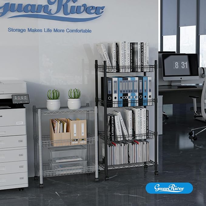 Guan River 4 Tier Wire Shelving Wire Basket Shelf Storage Cart Adjustable Metal Shelf 2 Bottoms for Choose(Castor or Leveling Feet) for Office,Kitchen,Bedroom,Black(23.23" L x 13.11" W x 49.21" H)
