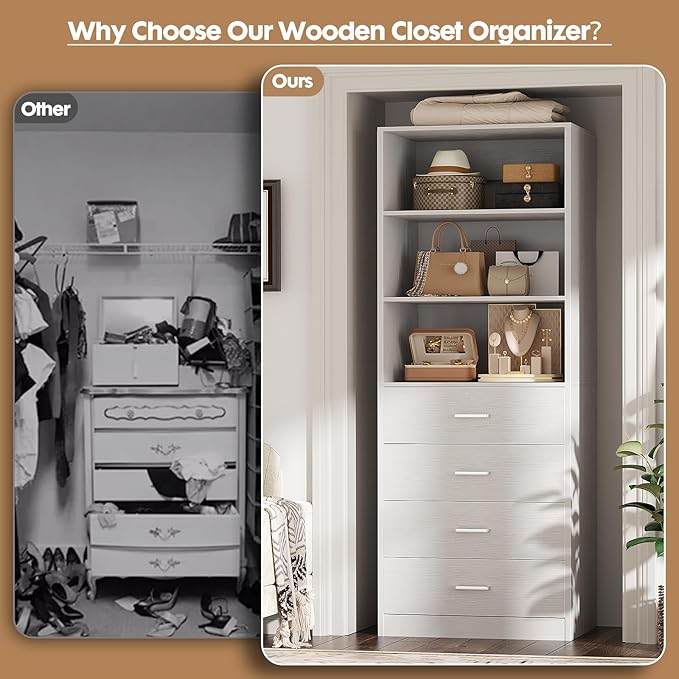 Aheaplus Closet Drawers Organizer System, 21.3" Wood Closet System with 4 Drawers, Modular Walk-in Closets Storage Unit, Tall Bookshelf Storage Cabinet, White22