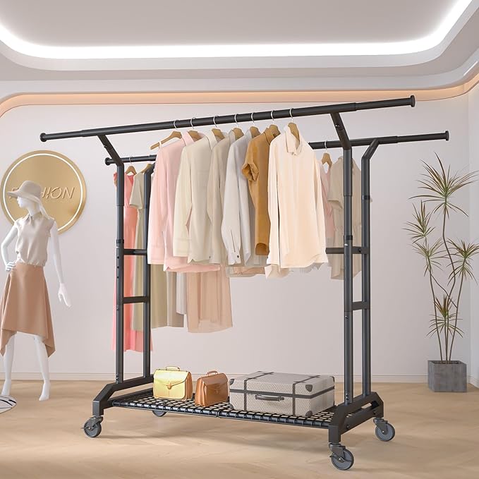Wiracks Heavy Duty Clothes Rack Rolling Clothes Rack 3 Rods Clothing Rack 450lbs Capacity 51"-71" L X 19.7" D X 73-79" H Adjustable Rolling Garment Rack