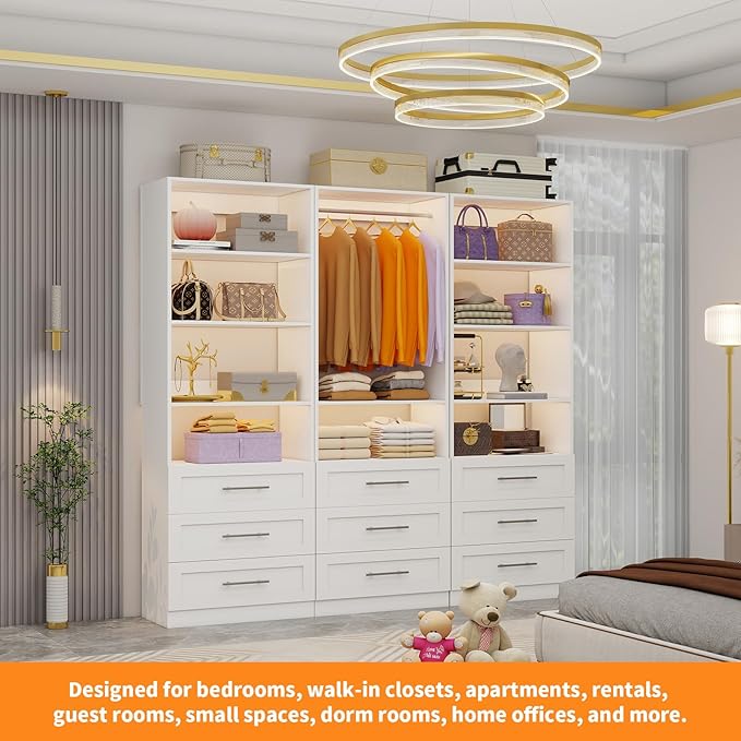 Closet System with 3 Sets, 6–16 FT Closet System with 9 Drawers, 9 Shelves & 4 Adjustable Hanging Rods, Max 189.3" Closet Organizer Systems for Walk-in Closets, Modular Custom Closet Tower, White