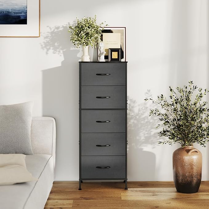 DUMOS Nightstand with 5 Drawers Bedside Table with Removable Fabric Bins Sturdy Steel Frame Wood Top Organizer Furniture for Bedroom Nursery Closet Living Room, Grey