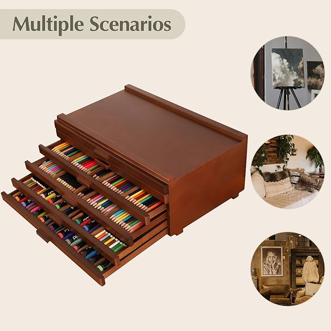 VISWIN 6-Drawer Art Supply Storage Organizer, Beech Wood Artist Storage Box with Removable Dividers, Portable Art Box for Paints, Brushes, Pencils, Pens, Pastels - Walnut