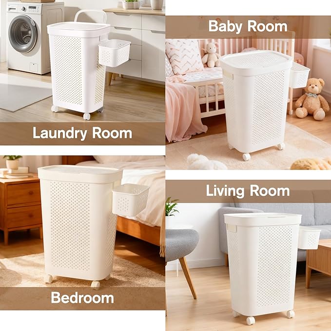 Ultra Wheeled Laundry Hamper with Lid, Suspended basket,Handle and Wheels for Easy Rolling of Clothes to and from The Laundry Room, Plastic(White)