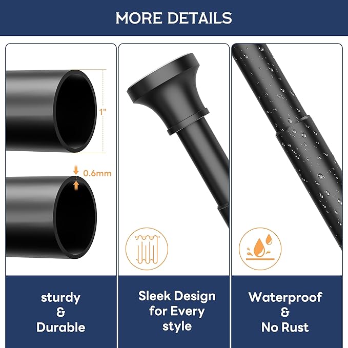 STARLATTA Adjustable Shower Curtain Rod 31-80 Inch, Never Rust Stainless Steel Black Tension Rod, 1" Heavy Duty No-Drill for Bathroom, Kitchen & Closet