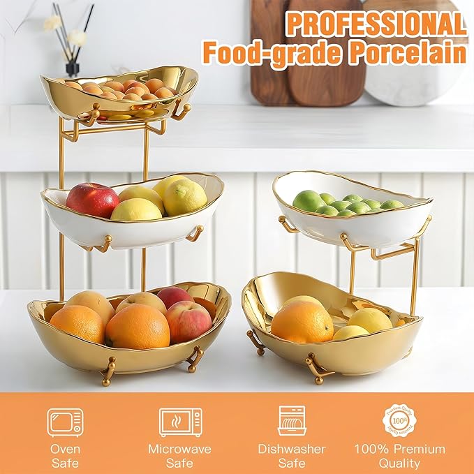 Ceramic Fruit Bowl for Kitchen Counter - 3 Tier Fruit Basket with Metal Stand, Tiered Fruit Stand for Countertop, Snack, Nuts, Cake, Dessert, Small & Cute (Gold & White,Small) 2