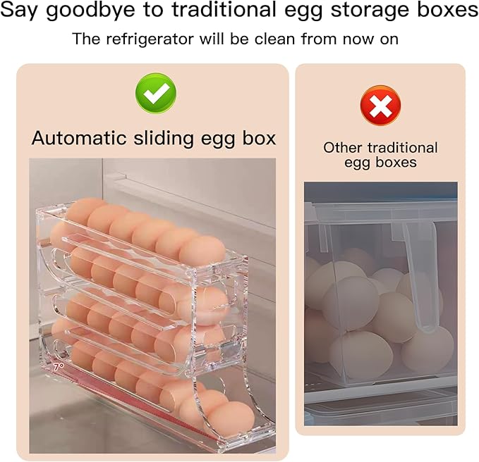 Automatic Rolling Egg Storage For Refrigerator,Fridge Organizer,Space Saving Refrigerator Egg Holder For Fridge,Egg roller holds 28 eggs,For Refrigerator,Kitchen,Cabinets,Tabl(transparent)
