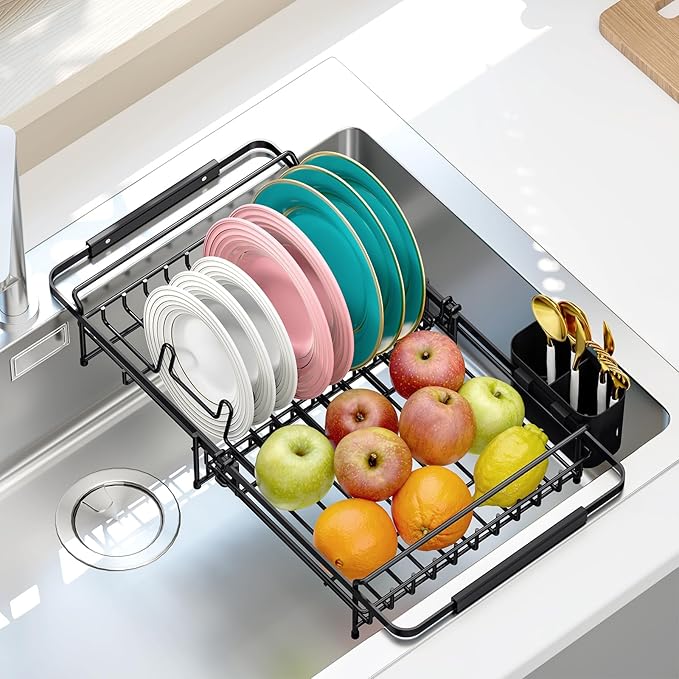 Urackify Expandable in Sink Dish Drying Rack - Adjustable Dish Rack Over Sink, Rustproof Dish Drainer for Kitchen Counter, Dish Strainer with Utensil Holder, Fit Kitchen for 13"-18"