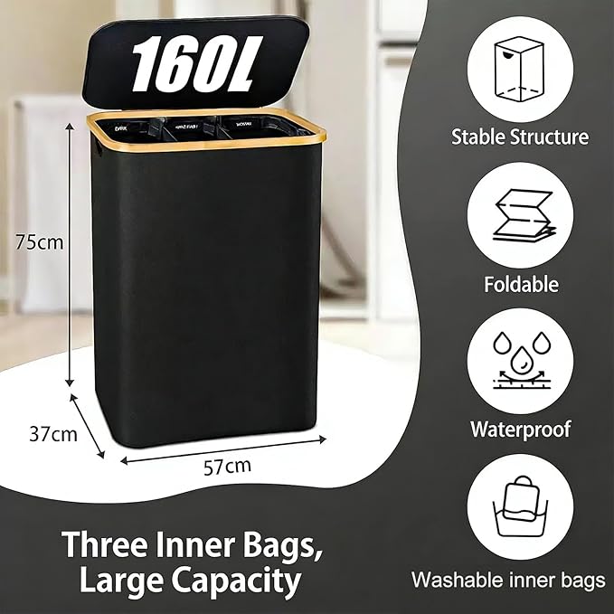 2pcs FLaundry Hamper with Lid,Collapsible Dirty Clothes Hamper Organizer | Large Capacity Space-Saving Design for Bedroom/Laundry Room Essentials (Black)