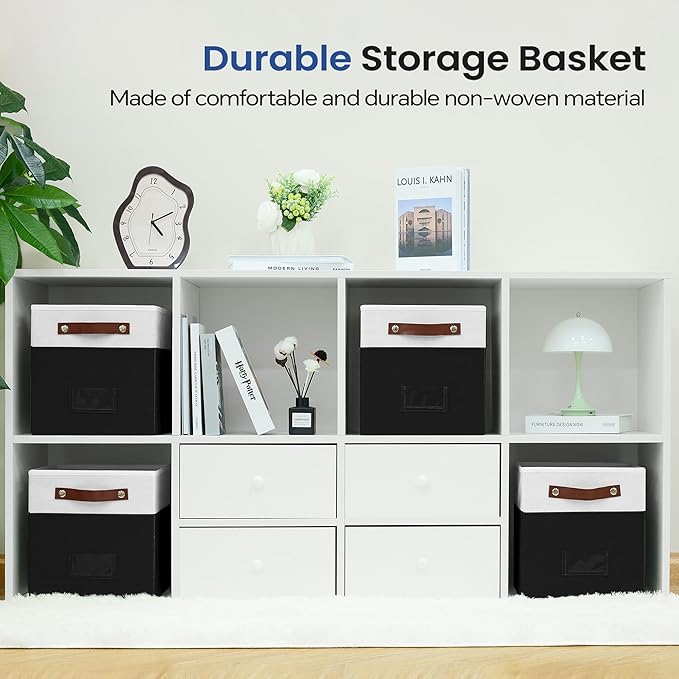 FinishingBo 6-Pack Storage Cubes with Handles & Label Holders Basket, Closet Cube Home Organizer Bins(White/Black, 10.5 x 10.5 x 11 inch)