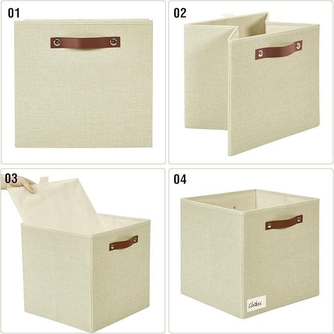Bagnizer Collapsible Fabric Storage Cube Bins with 2 Reinforced PU Handles, Foldable Storage Organizer Baskets for Closet, Shelves, Living Room | 13"x13"x13", 4 Pack, Full Beige