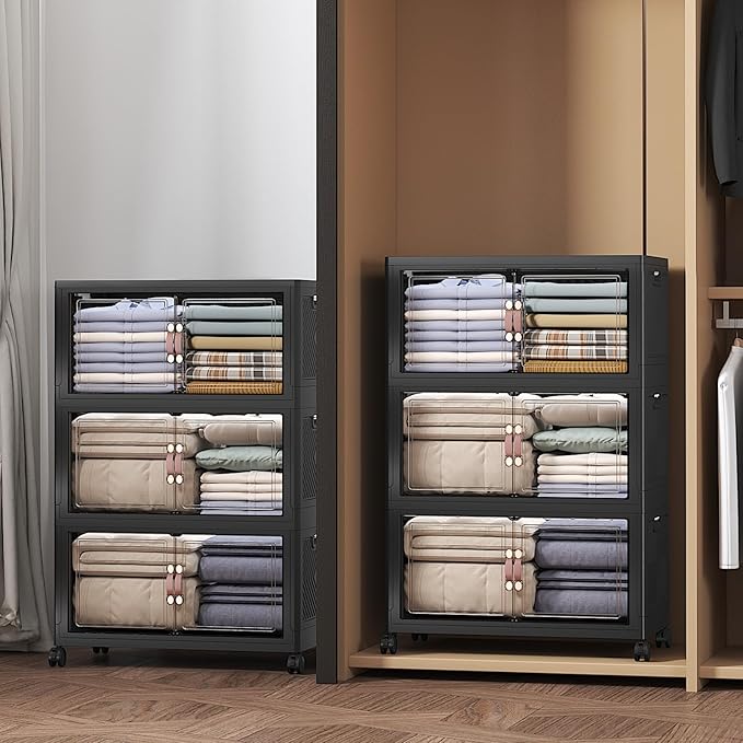 UAMFURI Extra Large Stackable Storage Bins with Lids & Wheels, 360QT-120QT/30GAL*3Pack Foldable Collapsible Closet Organizers Storage Cabinet with Doors for Bedroom Dorm