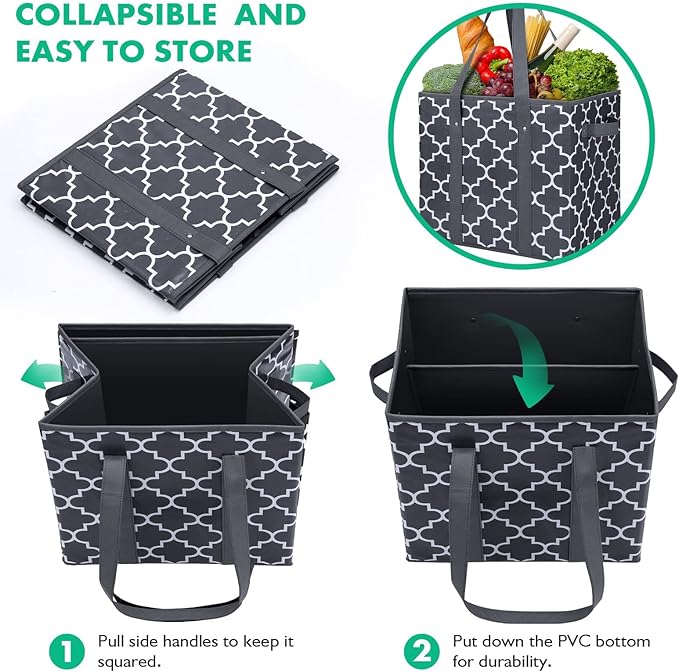 WISELIFE Reusable Grocery Bags 4-Pack Foldable Washable Large Storage Bins Basket Water Resistant Shopping Tote Bag Dark Grey