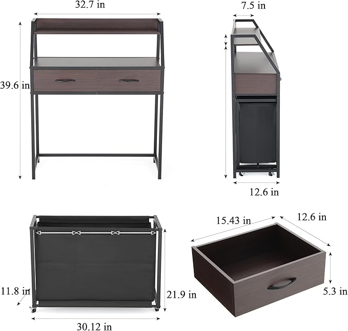Laundry Hamper with Shelf, 2 Tier Rolling Laundry Hamper 3 section, Laundry Sorter Basket with Wheels, Pull-Out Removable Large Bags, Metal Frames, Wood Drawers for Bathroom, 120L, Rustic Brown