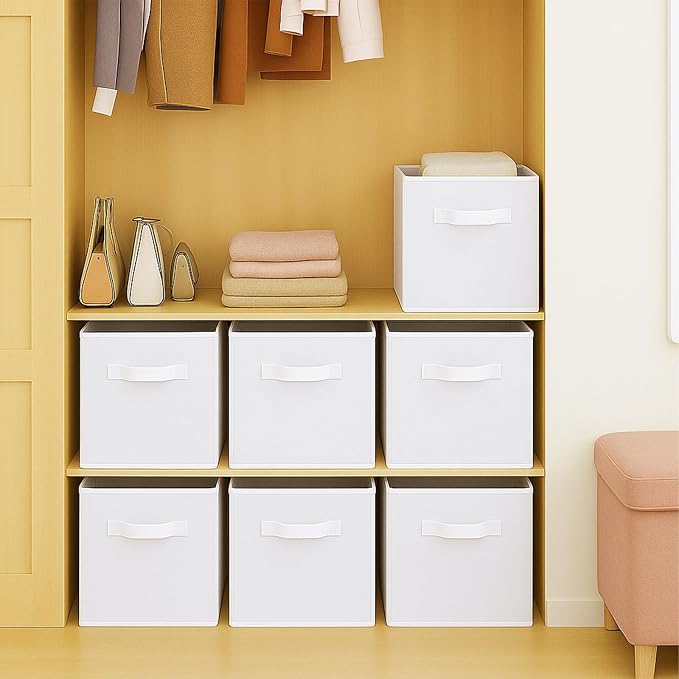 PowerKing Collapsible Storage Cubes with Handles, Fabric Foldable Bins for Closet Shelves, Durable Organization Storage Bins, 10.5'' x 11'' x 10.5'' (2Pack, White)