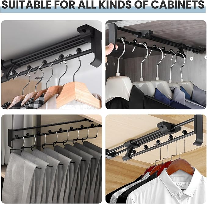 Adjustable Pull Out Closet Rod,Closet Pull Out Hanger Rod,Retractable Pant Rack for Closet Suitable for Various Types Of Home Wardrobes,Office Wardrobes,Closets,Etc (2 PICE) (Black, 12" to 20")