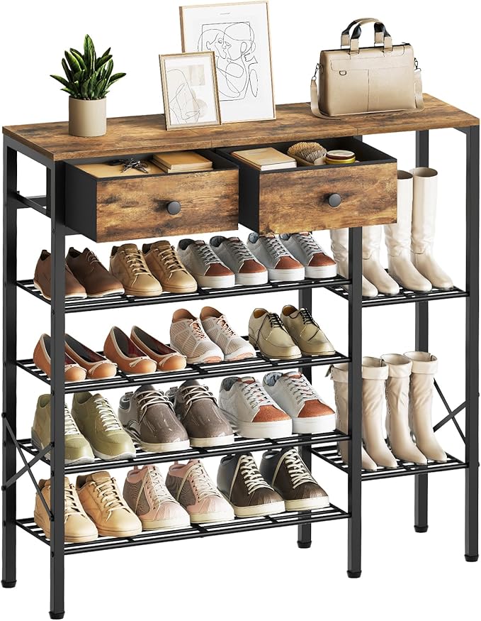 YATINEY 6-Tier Shoe Rack for Entryway, Freestanding Shoe Shelf with 2 Drawers and Tabletop, Metal Shoe Organizer for Closet, Entryway Shoe Storage Holds 26 Pairs, Rustic Brown and Black SS13BR
