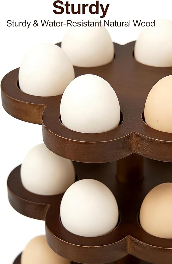 Wooden Egg Holder Countertop 360° Rotating, Egg Rack for 30 Eggs, Spiral Egg Storage Organizer for Kitchen Counter, Farmhouse Fresh Chicken Egg Dispenser for Home, Family ,easter egg.(Brown)