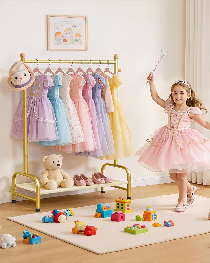 Sakugi Clothes Rack - Sturdy Metal Kids Clothing Rack with Bottom Storage Shelf & Adjustable Feet, Dress Up Storage for Toddler's Bedrooms, Nurseries, Playrooms, 31" x 12.5" x 47.8", Gold
