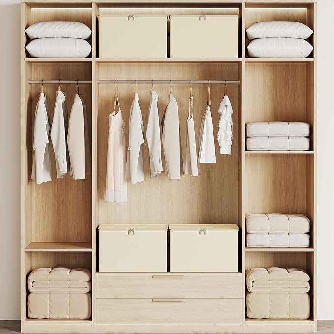 Clothes Storage Bins with Sturdy Frames, Foldable Fabric Clothing Organizer Box for Moving, Sweater Storage Cube with Lids and Zipper, Linen Closet Storage Bags for Blankets, Clothes, Sheet