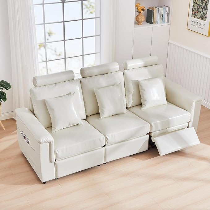 LEVNARY 3-Seater Modular Reclining Sofa, Upholstered Faux Leather Power Recliner Couch with 3 Electric Seats, 3 Pillows & Side Pockets, Adjustable Back & Footrest, Living Room Furniture (White)