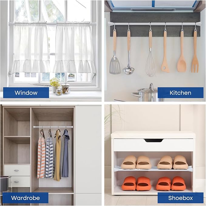 Tension Rods 16 to 26 Inch White Tension Curtain Rod Small Tension Rod Adjustable Curtain Rod Spring Curtain Rods No Drilling Expandable Pressure Spring for Closet Kitchen Door