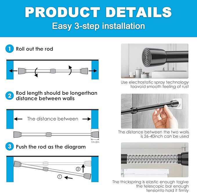 MEXAU 3Pcs Tension Curtain Rod 26-39 inch Spring Tension Rod, Black Tension Rod Adjustable Curtain Rod, Small Tension Rod Curtain Tension Rod for Kitchen, Bathroom, Window, Bookshelf,Closet.