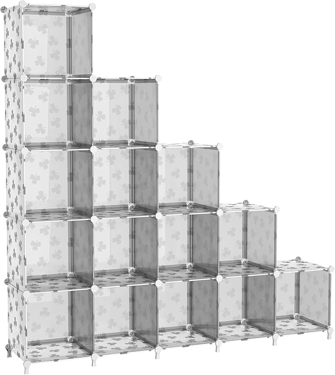 UNKU Cube Storage Organizer, 16 Cube Closet Organizer Storage Shelves, DIY Stackable Bookcase, Clothes Organizer Shelf for Closet, Bedroom, Living Room, Cabinet, Home, Office, Translucent