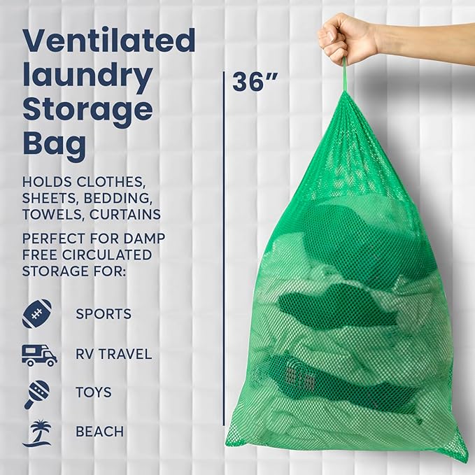 Premium Heavy-Duty Mesh Laundry Bag - Clothes Hamper w/Drawstring - Home & College Essentials Green (36"x24")