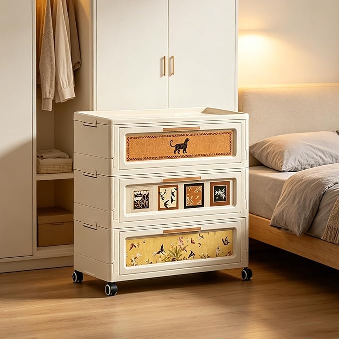 180QT Foldable Storage Cabinet with Lids, Stackable Storage Drawers with Doors and Wheels,ABS Durable Storage Cabinet Organizer for Home, Living Room, Kitchen, Stylish Home Decor (3 Tier)