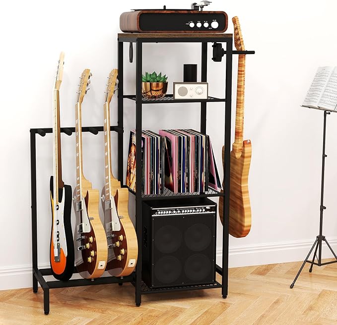 Multi Guitar Stand Rack, Guitar Stand with 4 Holder Position for Acoustic, Electric Guitar, Bass, Guitar Rack for Multiple Guitars with 4 Tier Storage Shelves for Guitar Amp Accessories