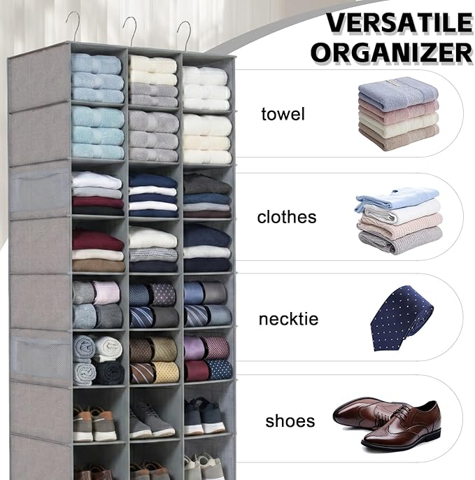 coastal rose Hanging Shoe Organizer, 30 Sections Hanging Shoe Organizer for Closet with 6 Mesh Pockets, Space Saving Hanging Shoe Rack, Grey Closet Shoe Organizer