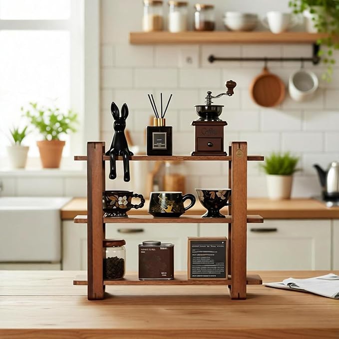 Coffee Station Organizer for Kitchen Countertop Mug Holder 3 Tier Wooden Cup Organizer Stand Shelf