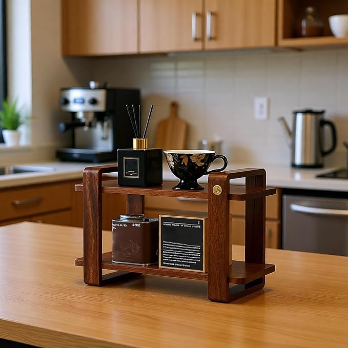 Coffee Station Organizer for Kitchen Walnut Wooden Countertop Mug Holder 2 Tier Wooden Cup Organizer Stand Shelf